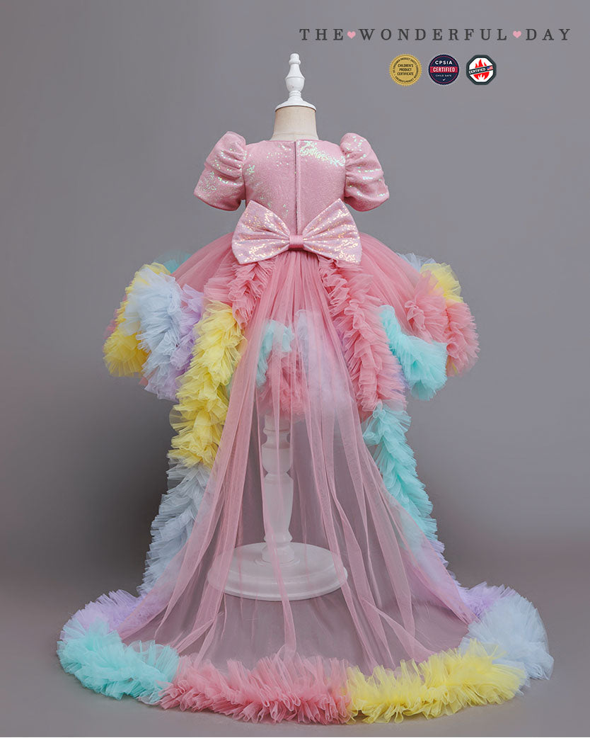 Rainbow Puff Sleeve Princess Tulle Dress with Train