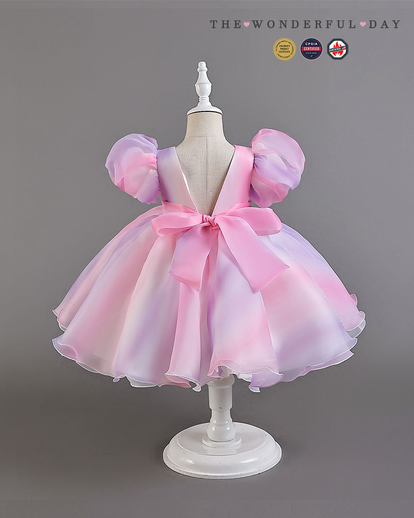 Summer Rainbow Gradient Puff Sleeve Tulle Dress