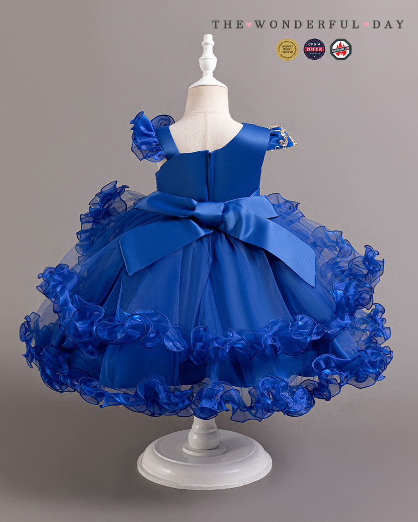 Girls Luxury Gold Embroidered One-Shoulder Tulle Princess Gown with Ruffle Layers & Matching Headband