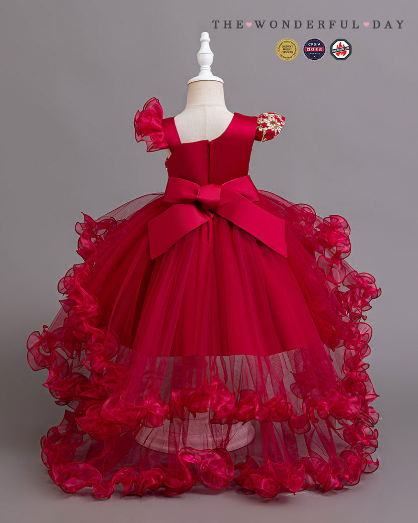 Luxury Asymmetric Sleeve Gold Embroidered High-Low Tulle Princess Dress with Rose Ruffle Layers