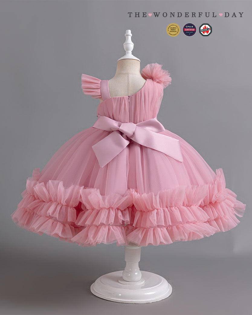 Asymmetric Ruffle Strap Tulle Party Dress with Full Skirt