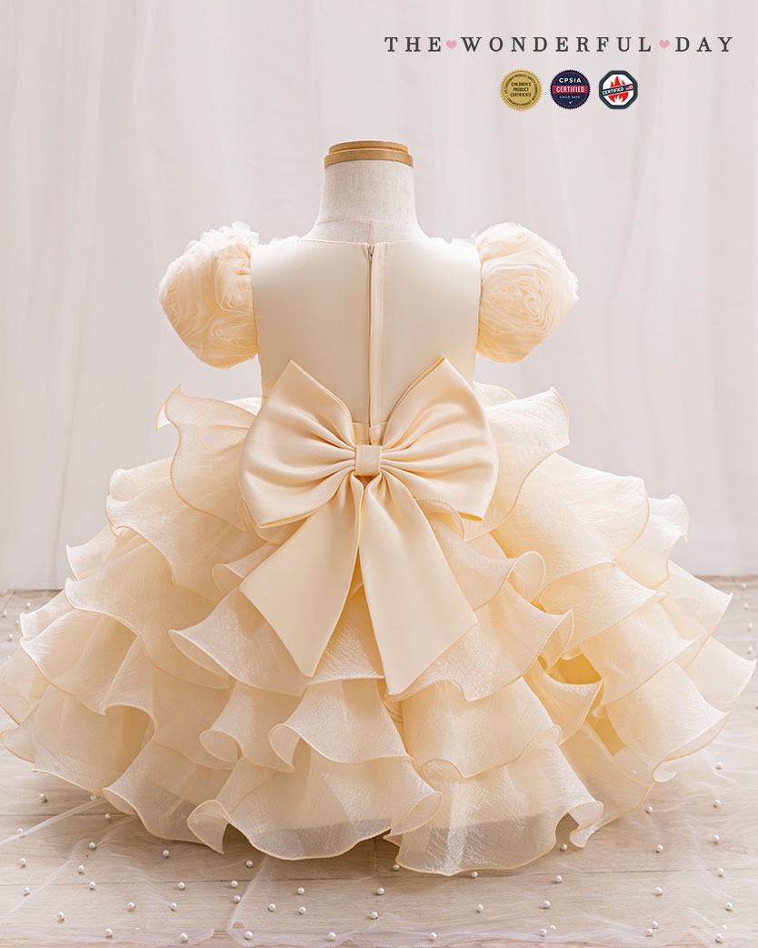 Sweet 3D Flower Puff Sleeve Tiered Ruffle Party Dress