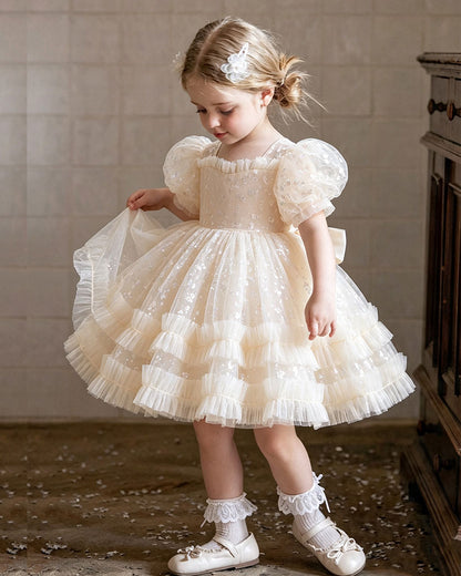 Girls' Sequin First Birthday Dress with Puff Sleeves