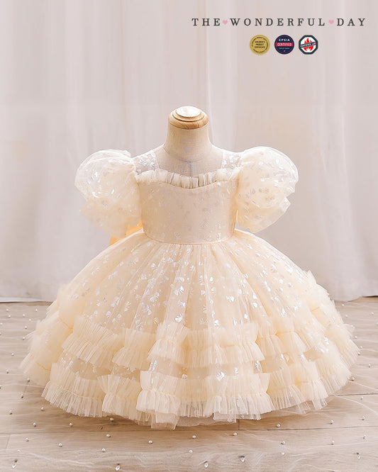 Girls' Sequin First Birthday Dress with Puff Sleeves