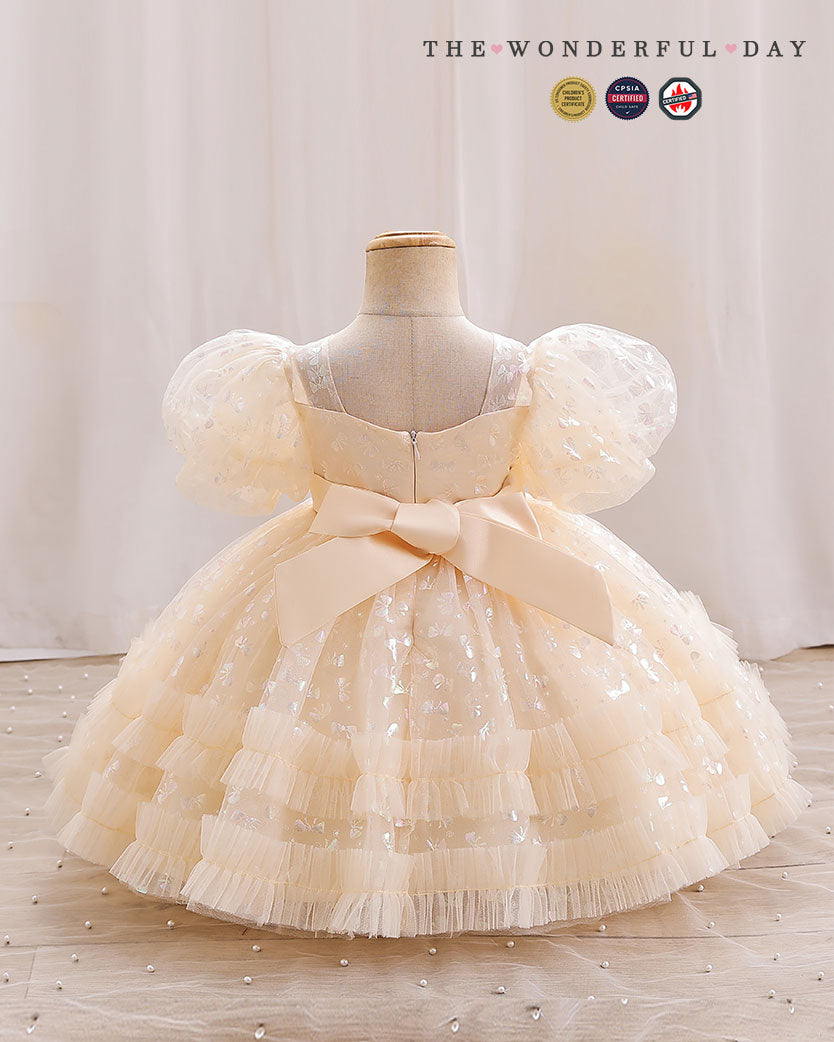 Girls' Sequin First Birthday Dress with Puff Sleeves