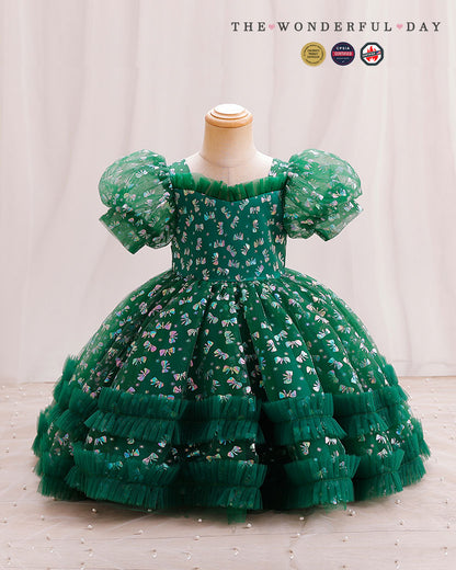 Girls' Sequin First Birthday Dress with Puff Sleeves