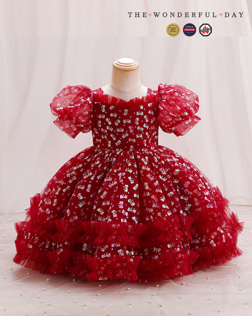 Girls' Sequin First Birthday Dress with Puff Sleeves