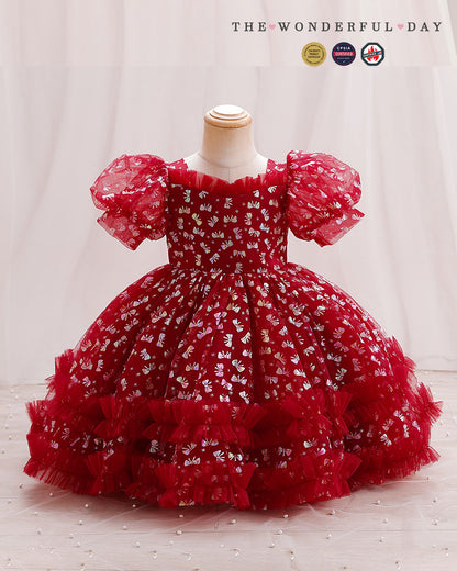 Girls' Sequin First Birthday Dress with Puff Sleeves