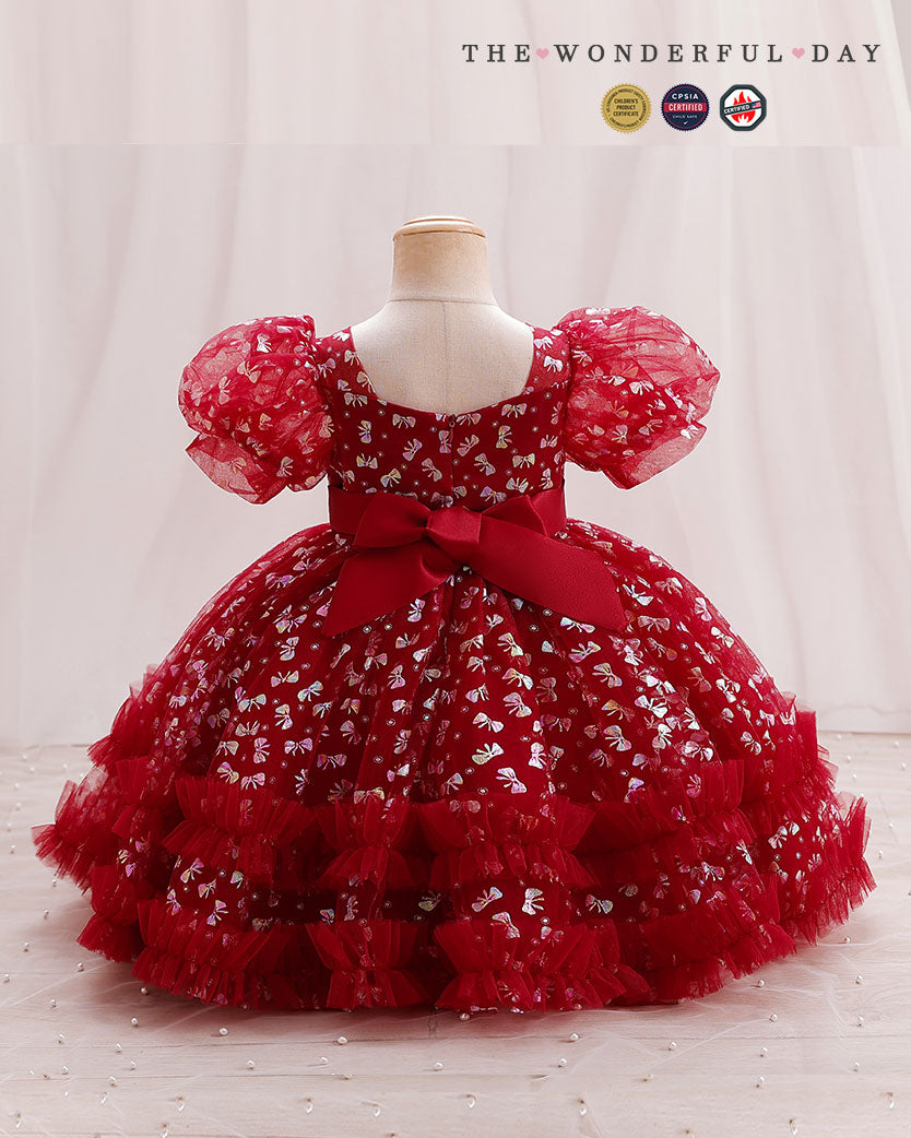 Girls' Sequin First Birthday Dress with Puff Sleeves