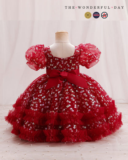 Girls' Sequin First Birthday Dress with Puff Sleeves