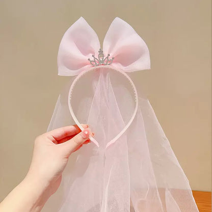 Big Bow Rhinestone Crown Tulle Veil Headband