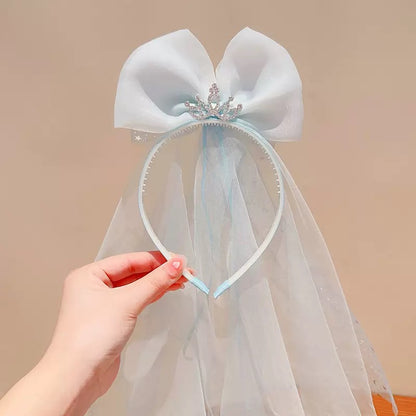 Big Bow Rhinestone Crown Tulle Veil Headband