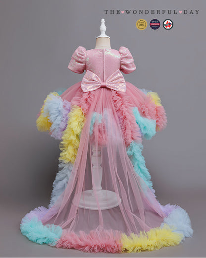 Rainbow Puff Sleeve Princess Tulle Dress with Train