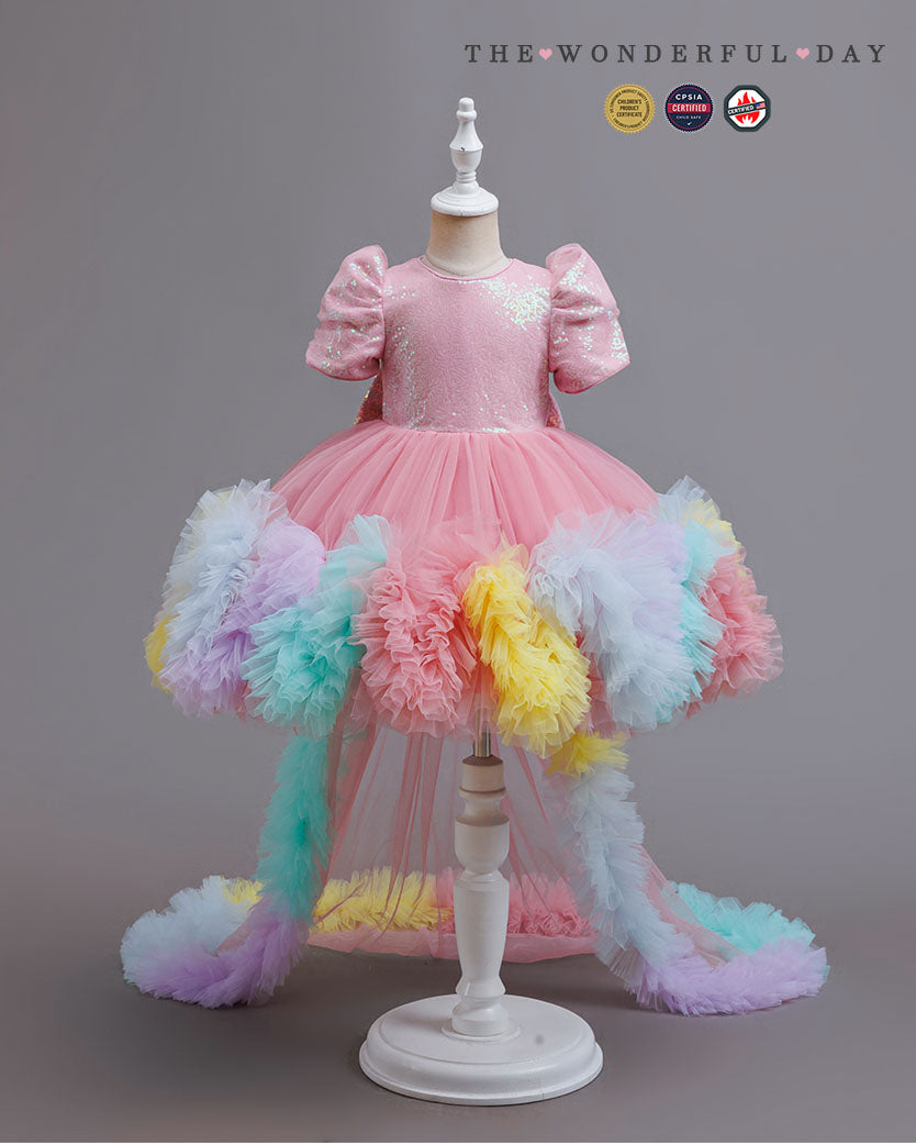 Rainbow Puff Sleeve Princess Tulle Dress with Train