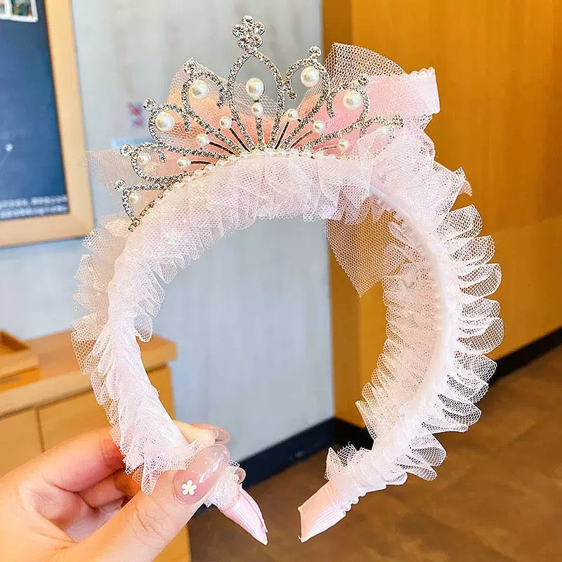 Ruffled Tulle Pearl Crown Headband