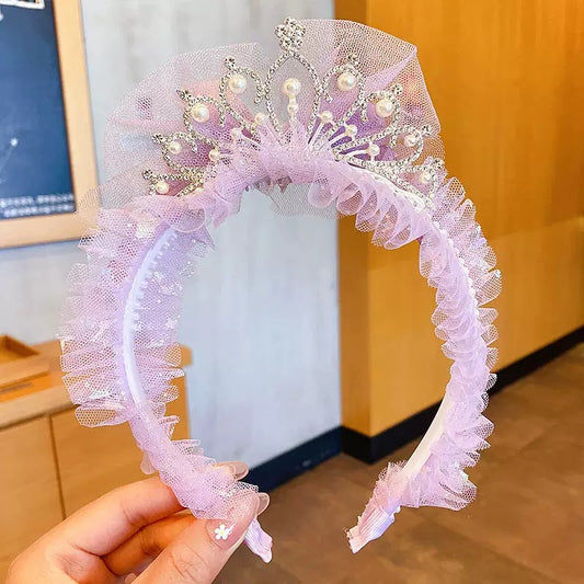 Ruffled Tulle Pearl Crown Headband