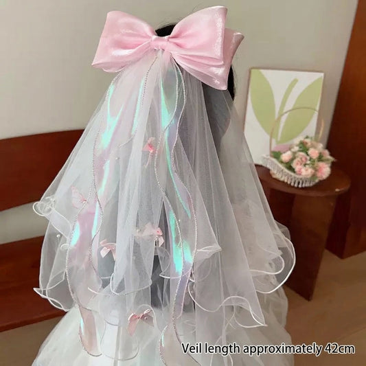 Satin Bow Iridescent Wavy Tulle Veil Hair Clip