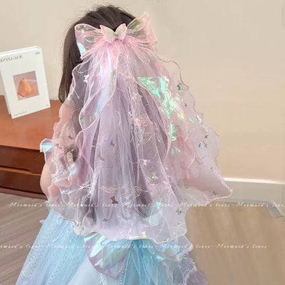 Satin Bow Iridescent Wavy Tulle Veil Hair Clip