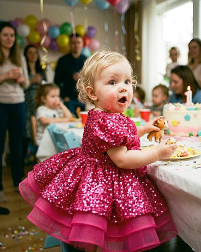 Sparkly Pink Sequin Princess Dress with 3D Rose Details