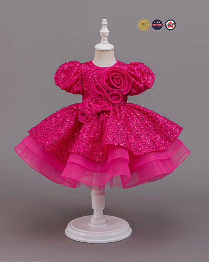 Sparkly Pink Sequin Princess Dress with 3D Rose Details