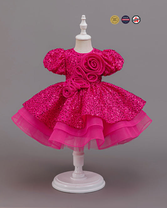 Sparkly Pink Sequin Princess Dress with 3D Rose Details