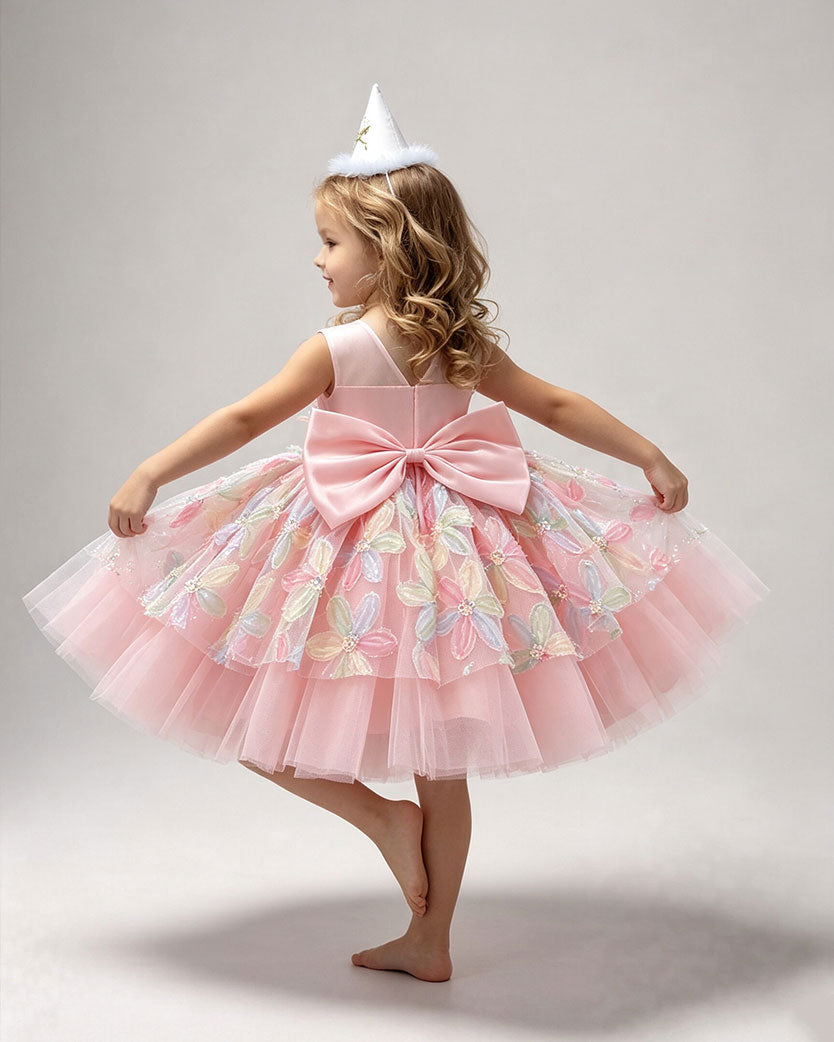Pastel Pink Round Neck Colorful Floral Appliqué Princess Gown