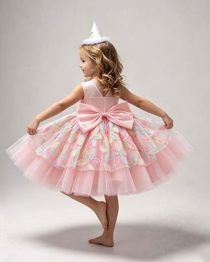 Pastel Pink Round Neck Colorful Floral Appliqué Princess Gown