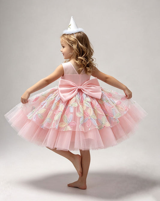Pastel Pink Round Neck Colorful Floral Appliqué Princess Gown