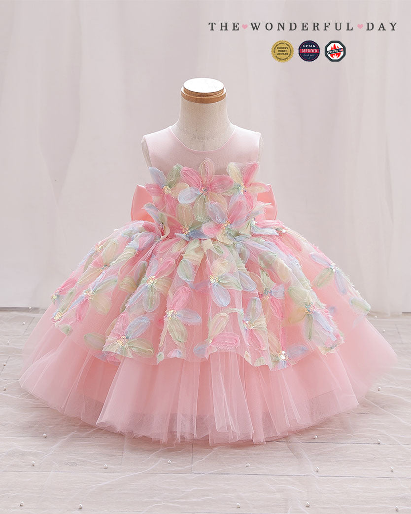 Pastel Pink Round Neck Colorful Floral Appliqué Princess Gown