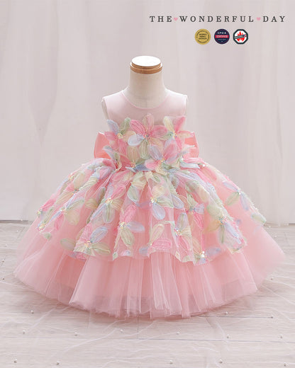 Pastel Pink Round Neck Colorful Floral Appliqué Princess Gown