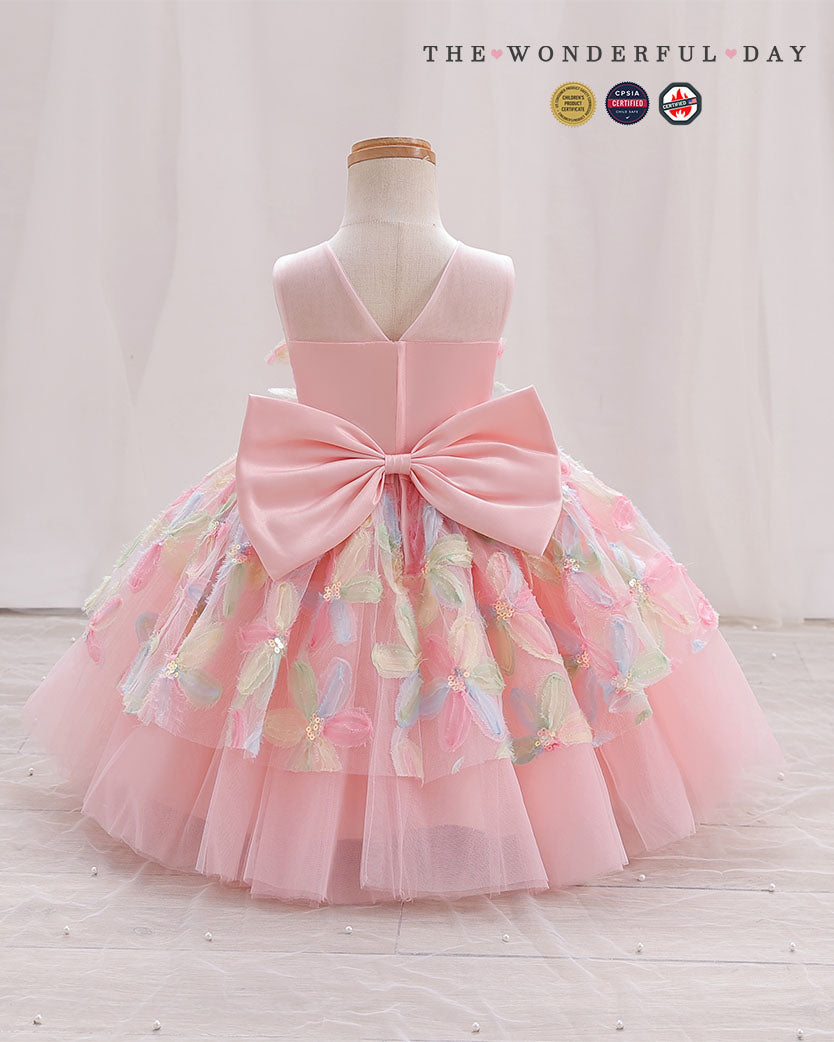 Pastel Pink Round Neck Colorful Floral Appliqué Princess Gown