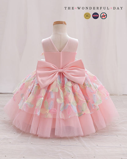 Pastel Pink Round Neck Colorful Floral Appliqué Princess Gown