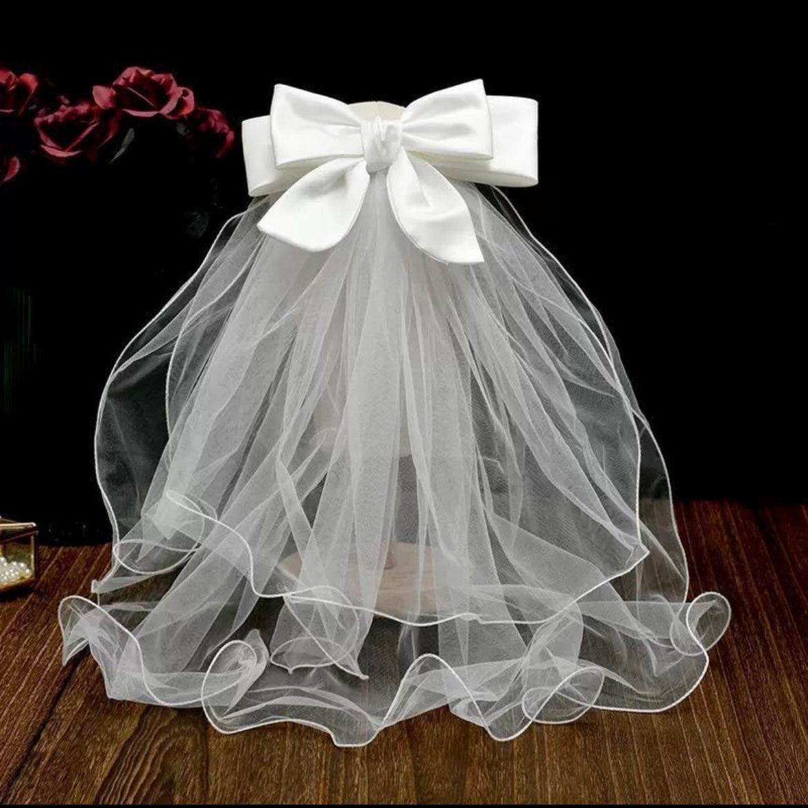Girls Pure White Bow Veil Headpiece, Flower Girl Birthday Party Photo Accessory