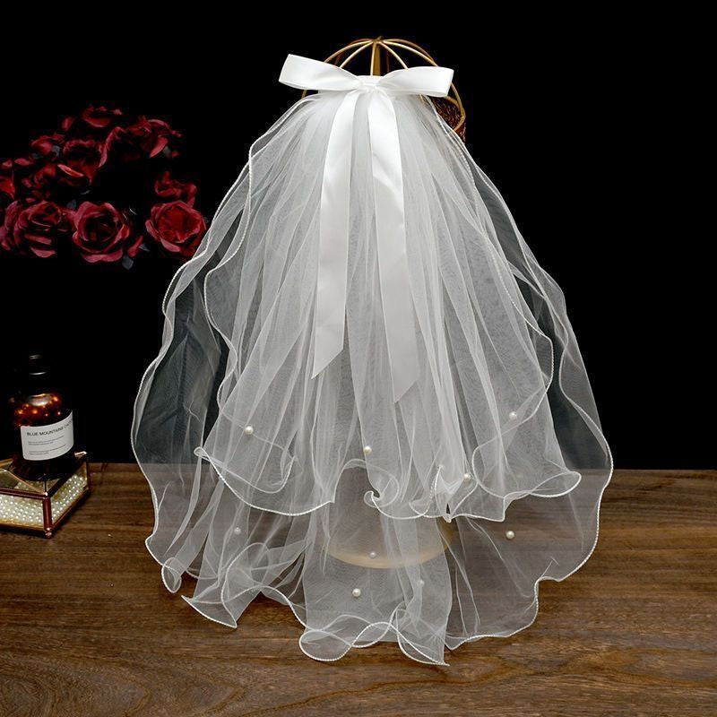 Girls Pure White Bow Veil Headpiece, Flower Girl Birthday Party Photo Accessory