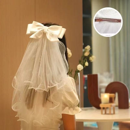 Girls Pure White Bow Veil Headpiece, Flower Girl Birthday Party Photo Accessory