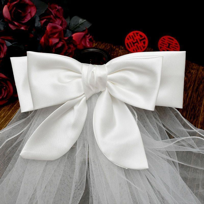 Girls Pure White Bow Veil Headpiece, Flower Girl Birthday Party Photo Accessory
