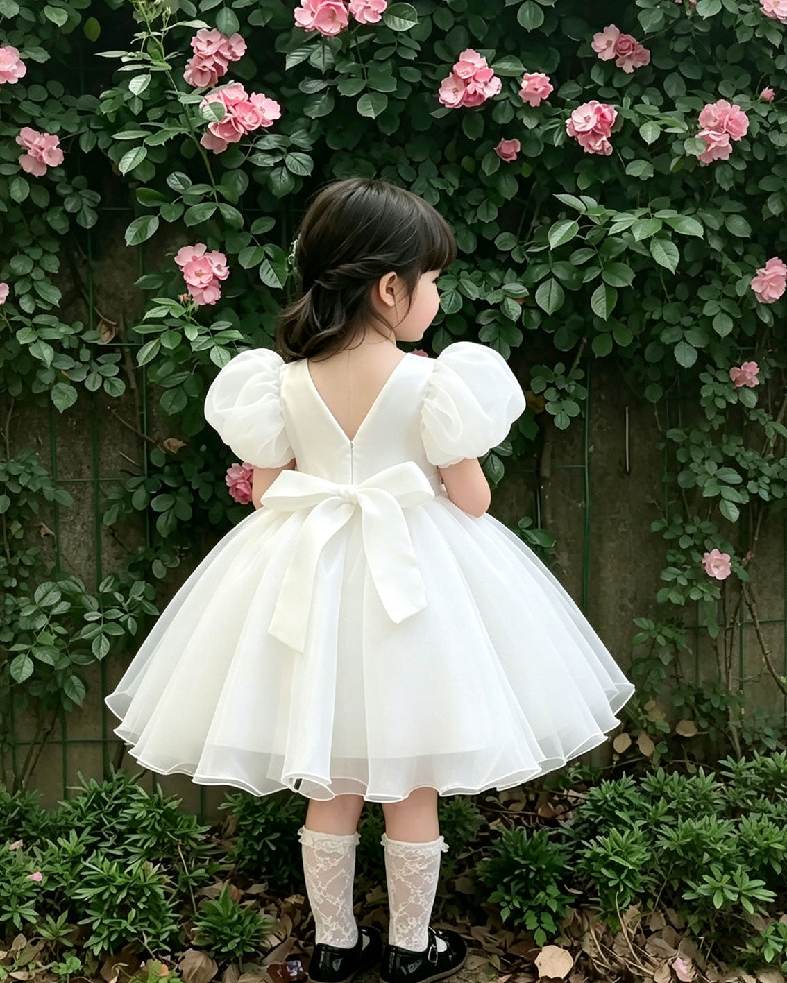 Girls Classic White Puff Sleeve Party Dress
