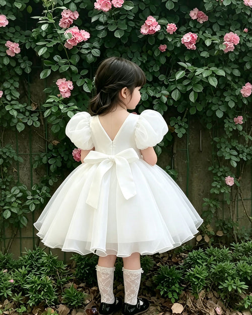 Girls Classic White Puff Sleeve Party Dress