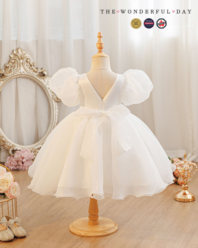 Girls Classic White Puff Sleeve Party Dress