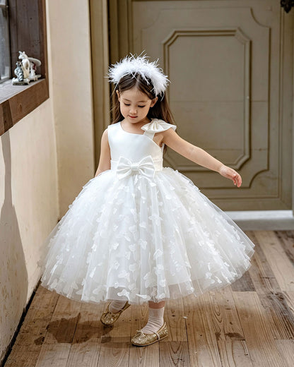 3D Butterfly Appliqué Asymmetric Sleeve Princess Dress with Waist Bow