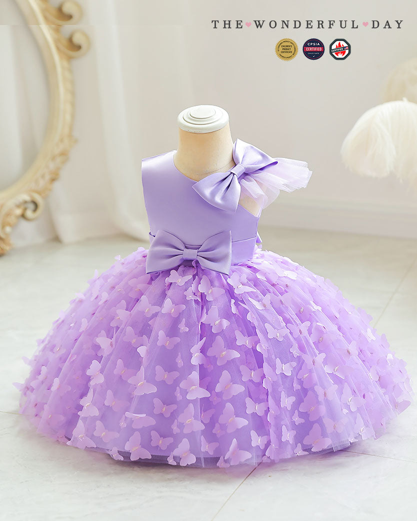 3D Butterfly Appliqué Asymmetric Sleeve Princess Dress with Waist Bow