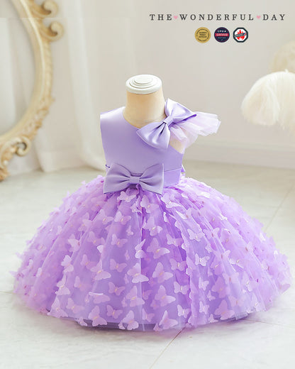 3D Butterfly Appliqué Asymmetric Sleeve Princess Dress with Waist Bow