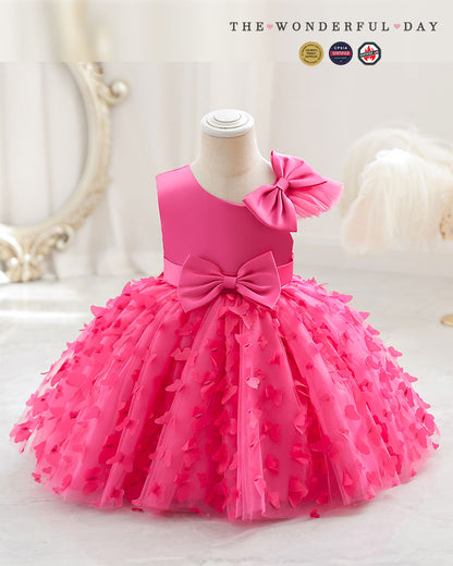 3D Butterfly Appliqué Asymmetric Sleeve Princess Dress with Waist Bow