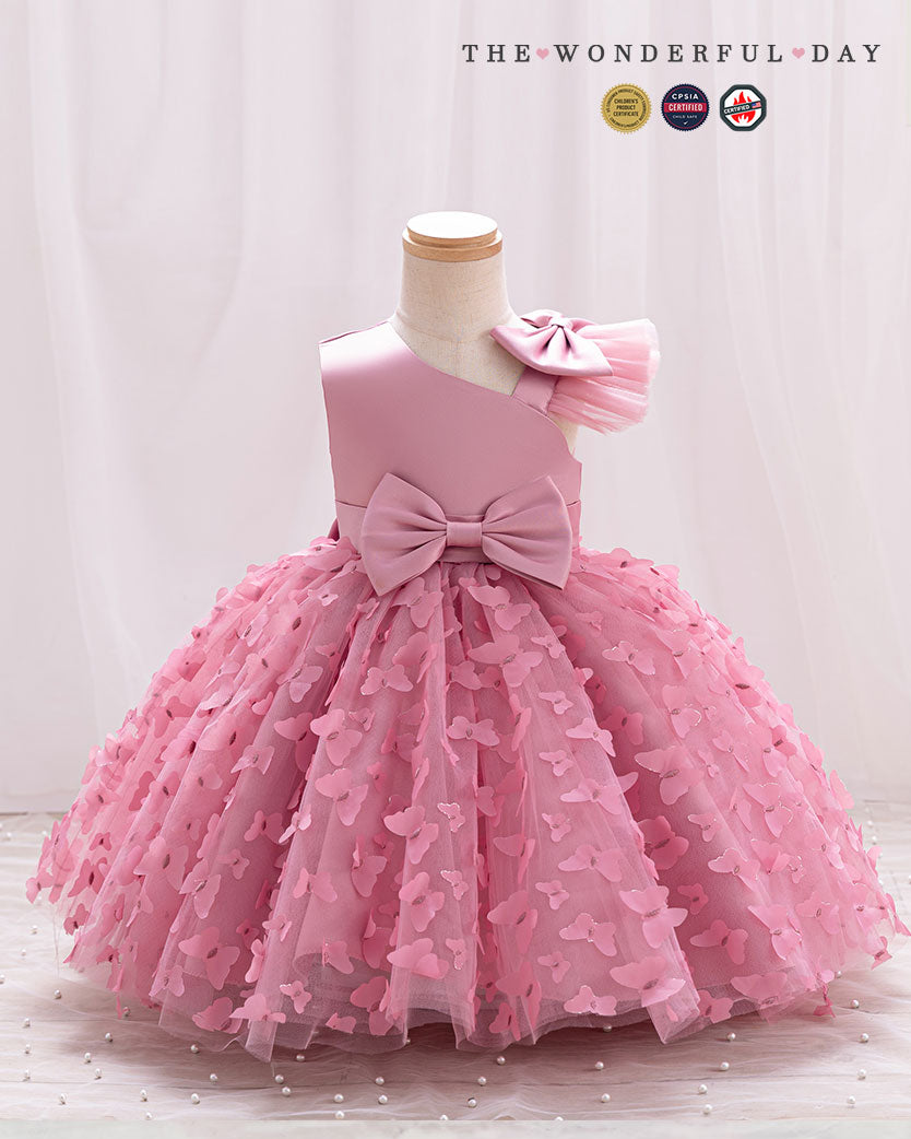 3D Butterfly Appliqué Asymmetric Sleeve Princess Dress with Waist Bow