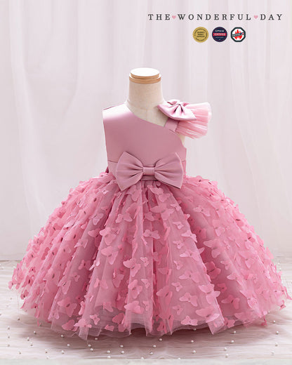 3D Butterfly Appliqué Asymmetric Sleeve Princess Dress with Waist Bow