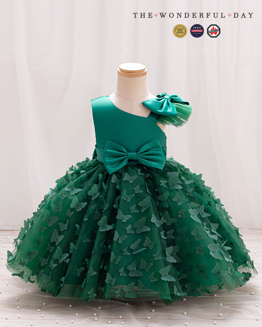 3D Butterfly Appliqué Asymmetric Sleeve Princess Dress with Waist Bow