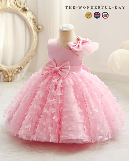 3D Butterfly Appliqué Asymmetric Sleeve Princess Dress with Waist Bow
