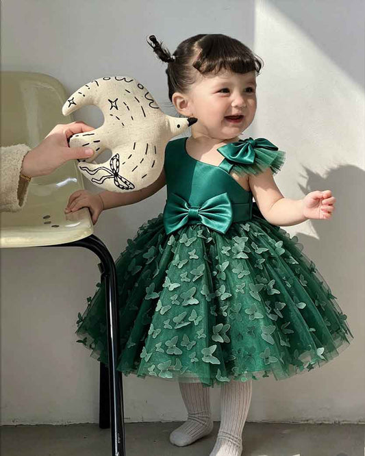 3D Butterfly Appliqué Asymmetric Sleeve Princess Dress with Waist Bow
