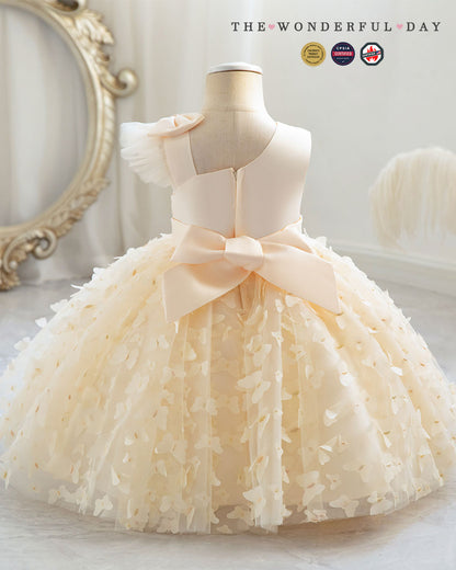 3D Butterfly Appliqué Asymmetric Sleeve Princess Dress with Waist Bow