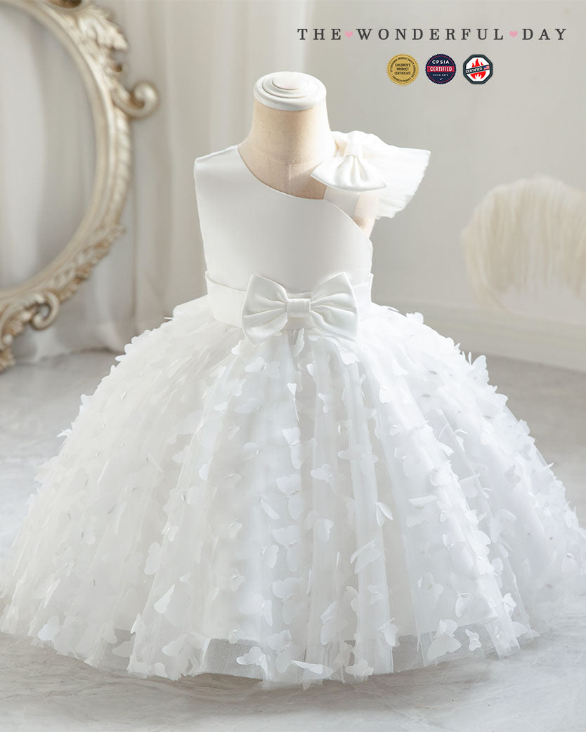3D Butterfly Appliqué Asymmetric Sleeve Princess Dress with Waist Bow